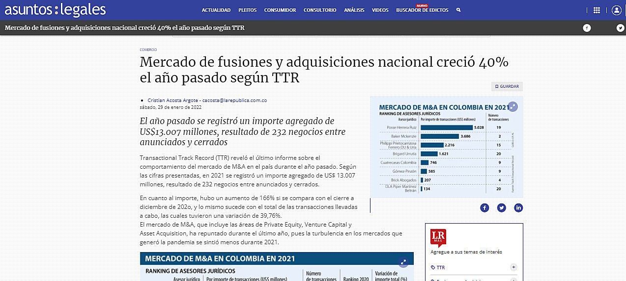 Mercado de fusiones y adquisiciones nacional creci 40% el ao pasado segn TTR